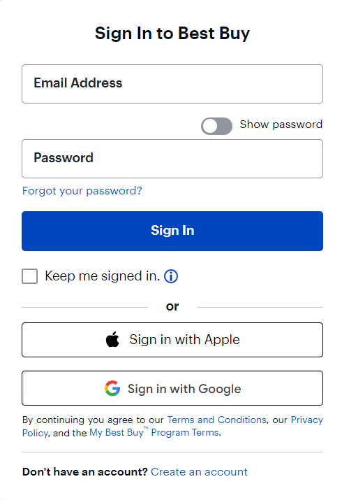 Best Buy Sign in page