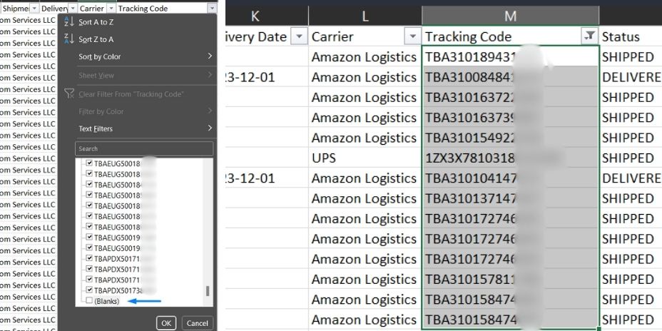 Copy Excel Amazon tracking number for Buying Group