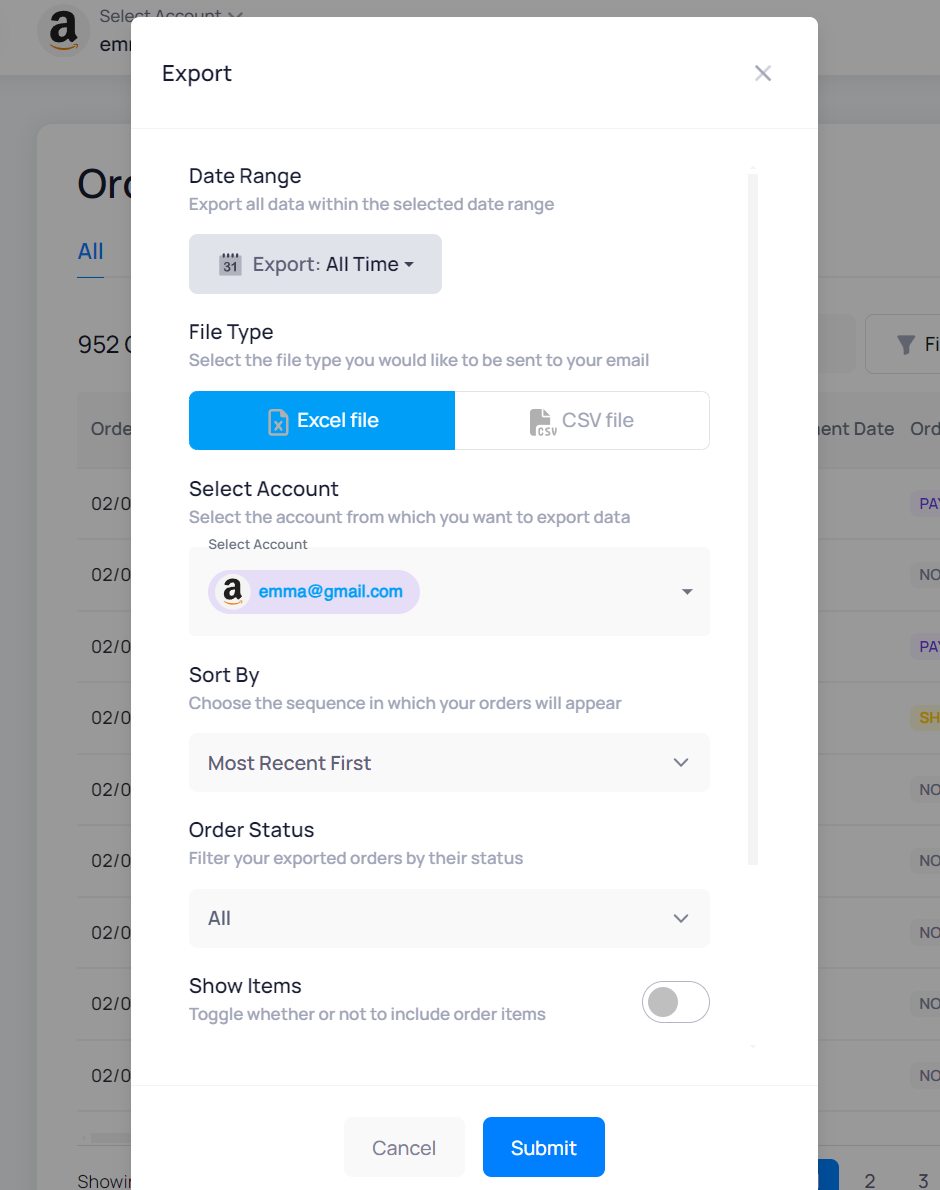 Export Amazon order options