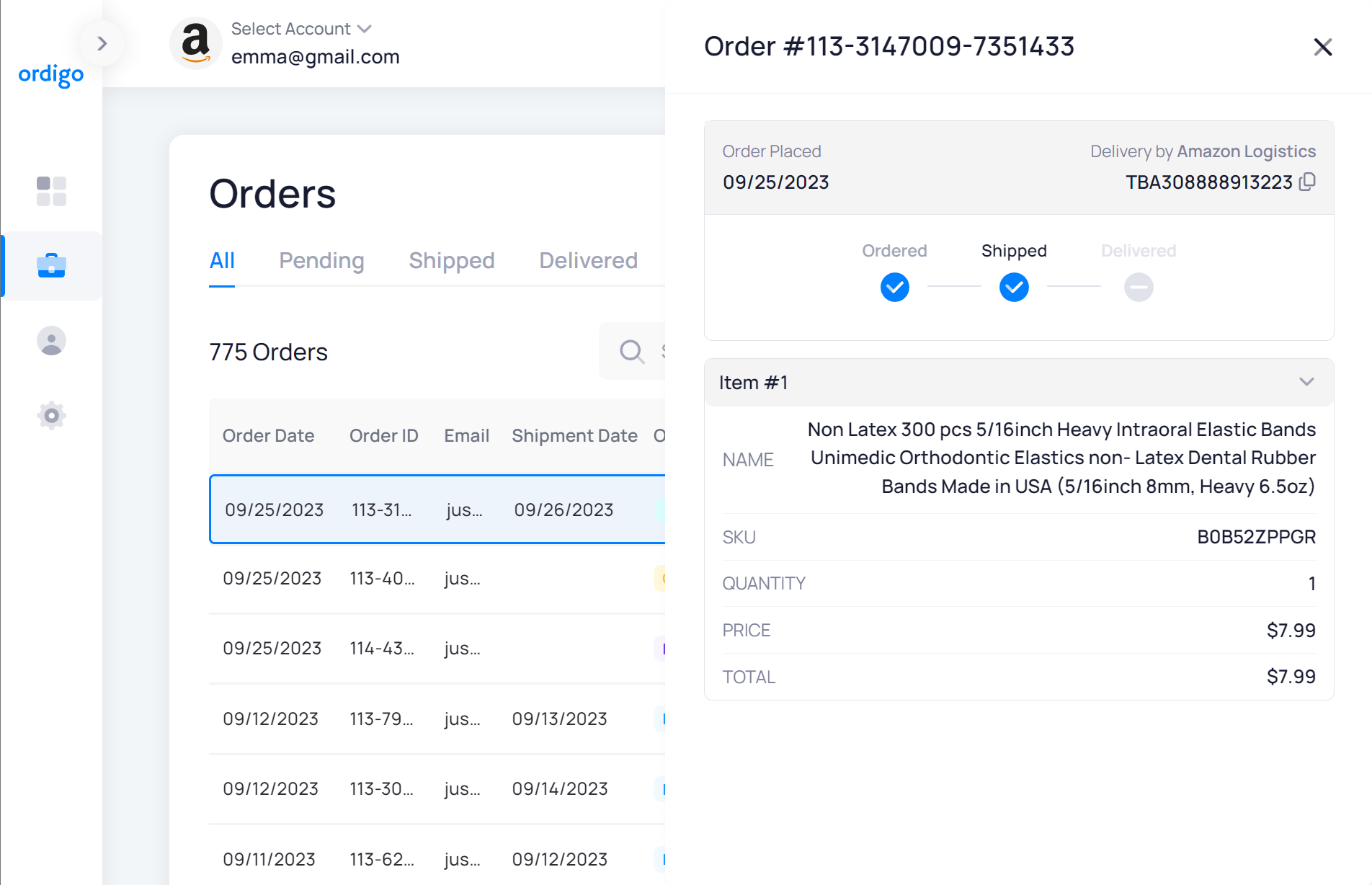 Amazon order details showing date, tracking number, price, asin