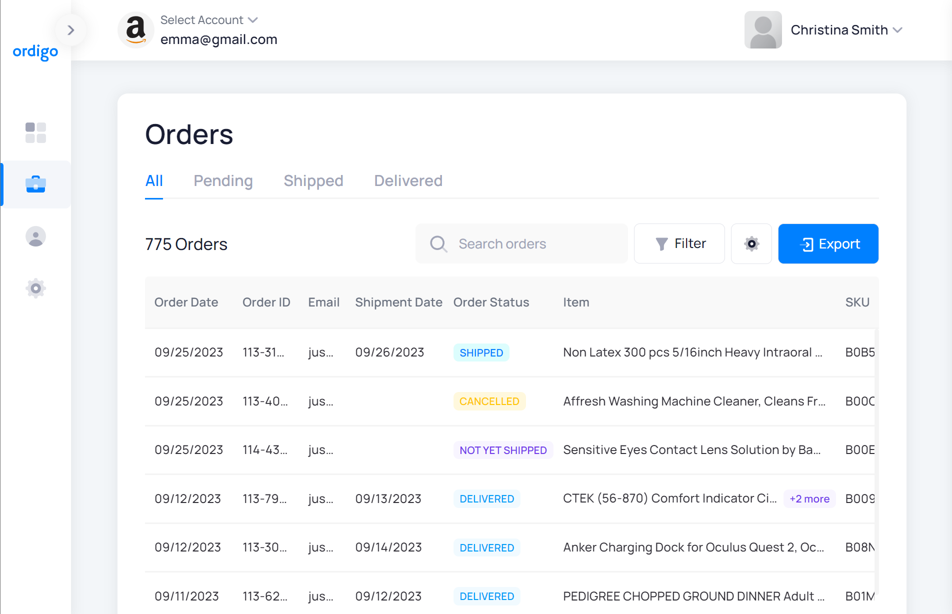 Ordigo Orders page showing all synced Amazon orders